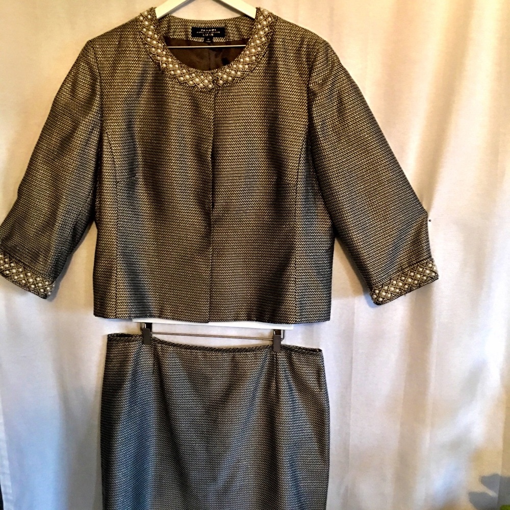 Tahari ASL Luxe Silver Gray Jeweled Suit